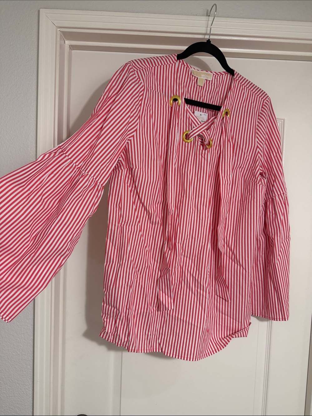 Michael Kors size L NWT red white striped Bell sleeve blouse Gold accents